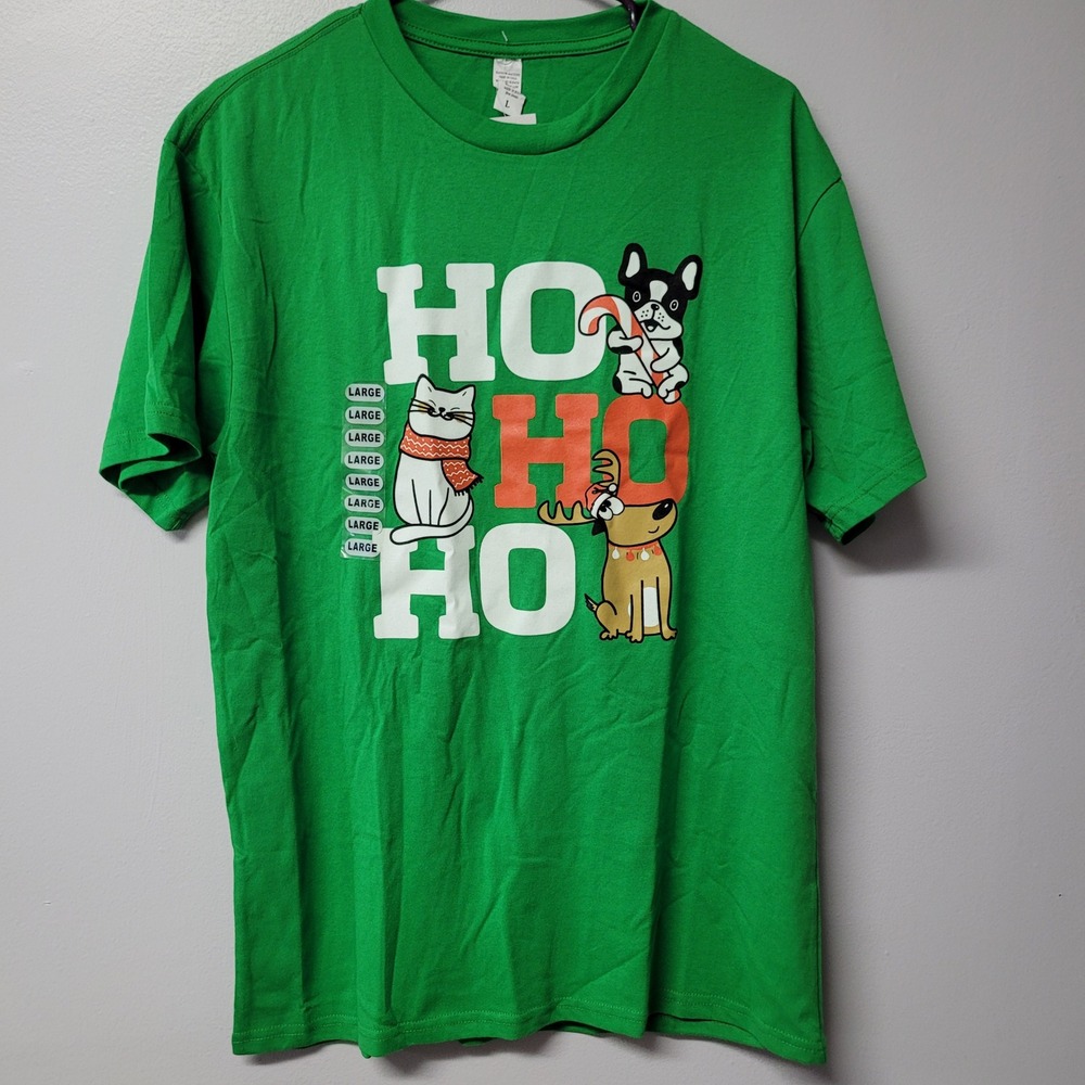 Green Ho Ho Ho Christmas‎ Cat Dog Reindeer Graphic T Shirt Large